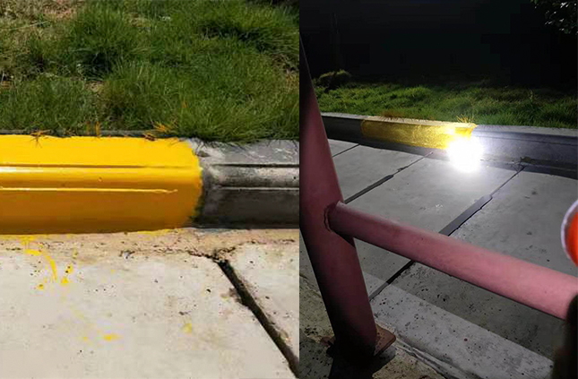 道路路沿反光漆白天和晚上的反光效果對(duì)比